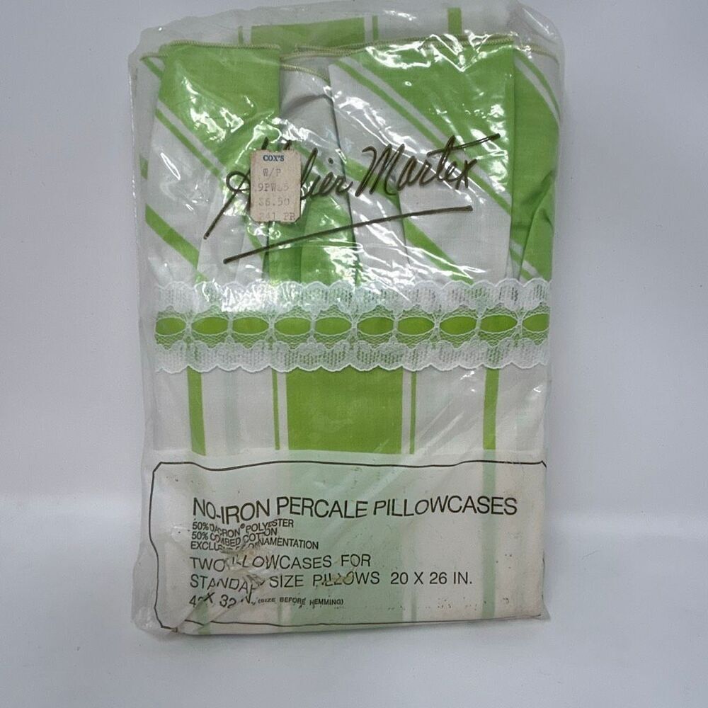 NEW Vtg No-Iron Percale Pilliwcases Set 2 Standard Size Green White Stripe Ruffl